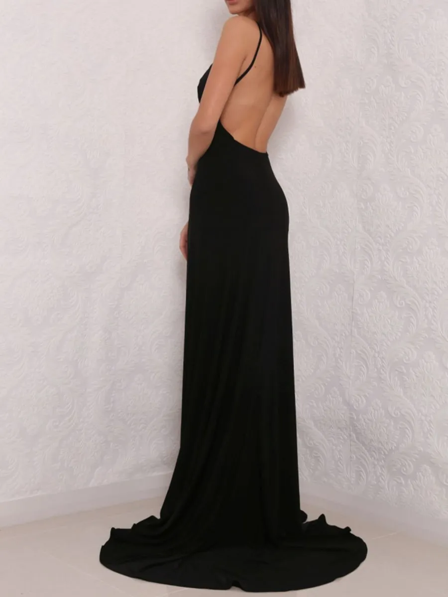 Sexy A Line V Neck Backless Black Prom Dresses with Slit, V Neck Black Formal Dresses, Evening Dresses