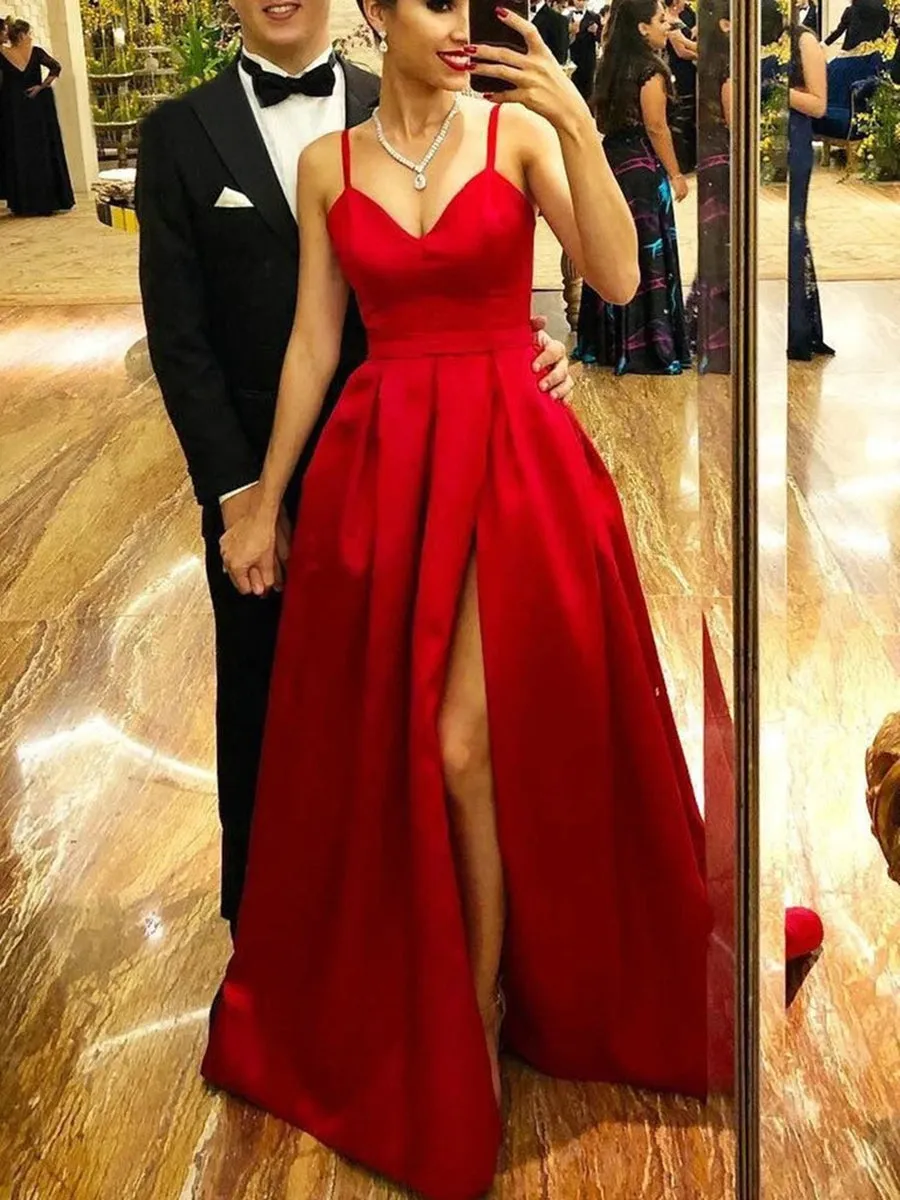 Simple A Line V Neck Red Satin Long Prom with Slit, Red V Neck Formal Graduation Evening