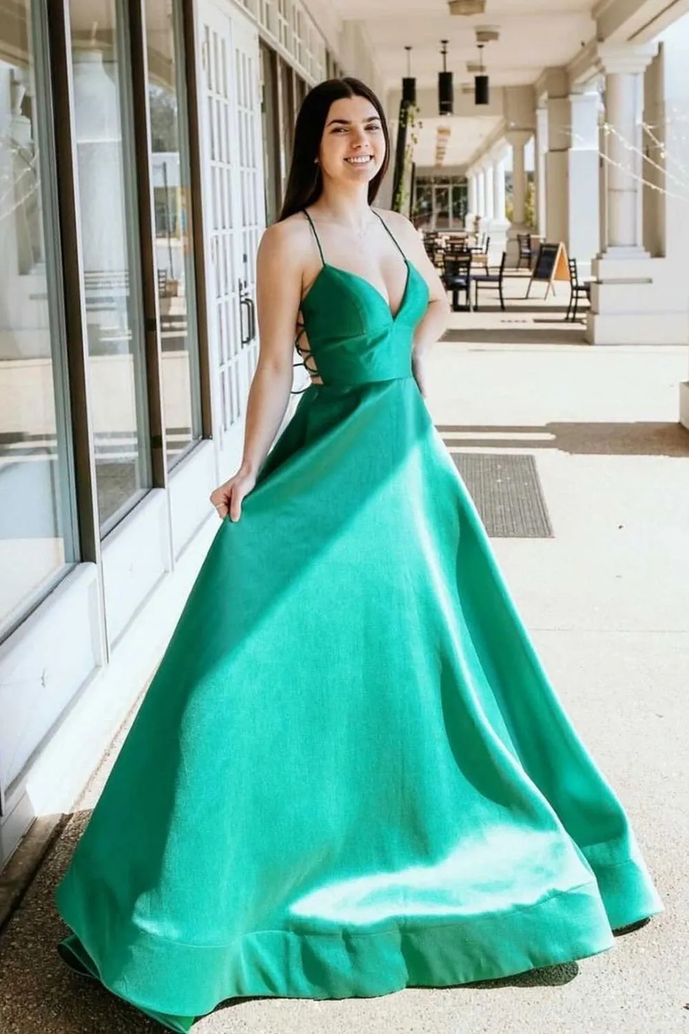 Simple V Neck Green Satin Long Prom Dress, Thin Strap Green Formal Evening Dress