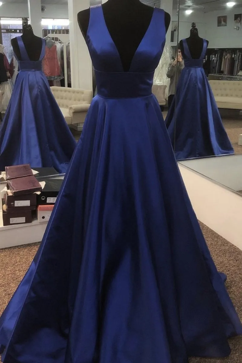 Simple V Neck Open Back Blue Long Prom Dress, V Neck Blue Formal Dress, Blue Evening Dress