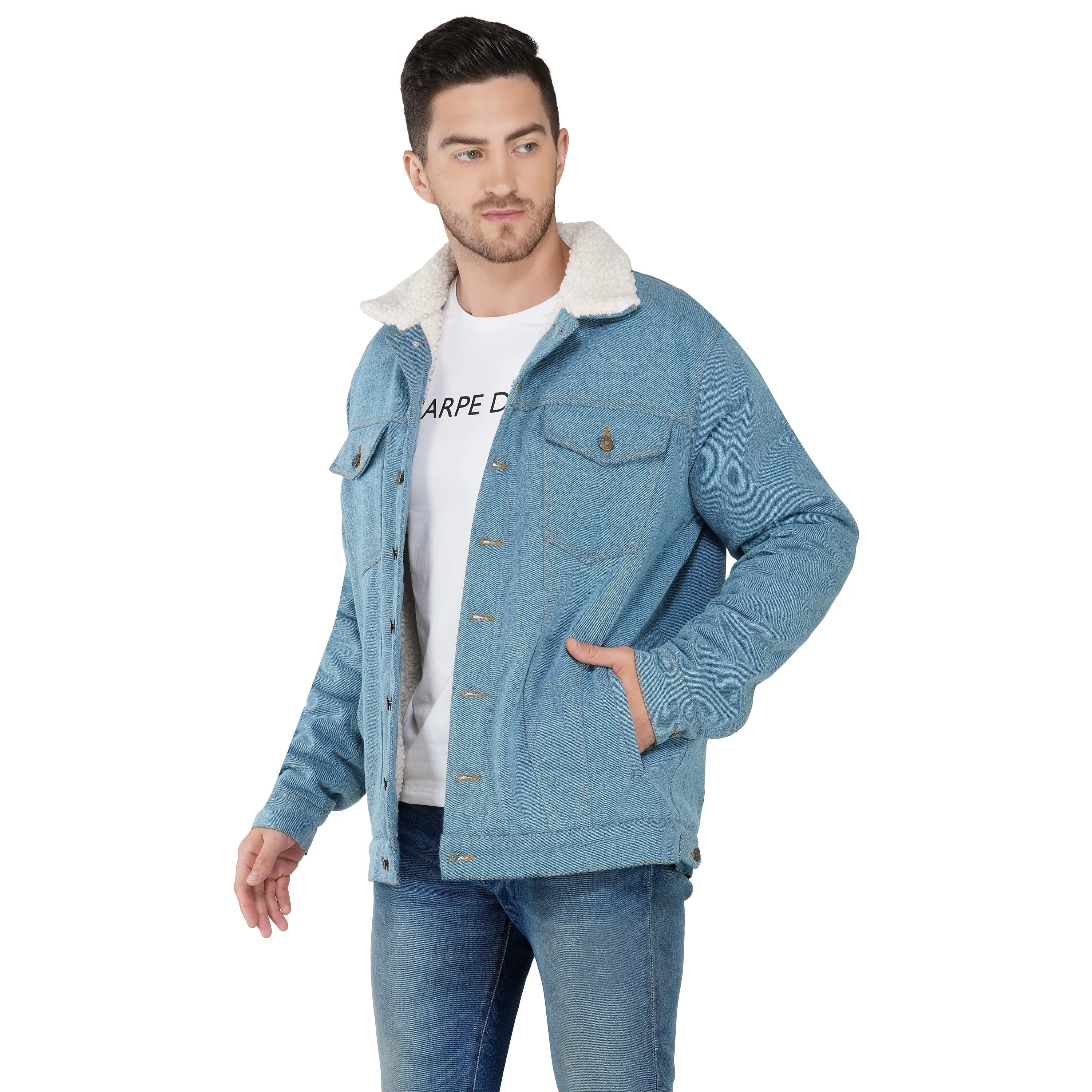 SLAY. Men's Full Sleeves Blue Solid Embroidered Button-Down Washed Light Blue Denim Jacket with Faux-fur Lining