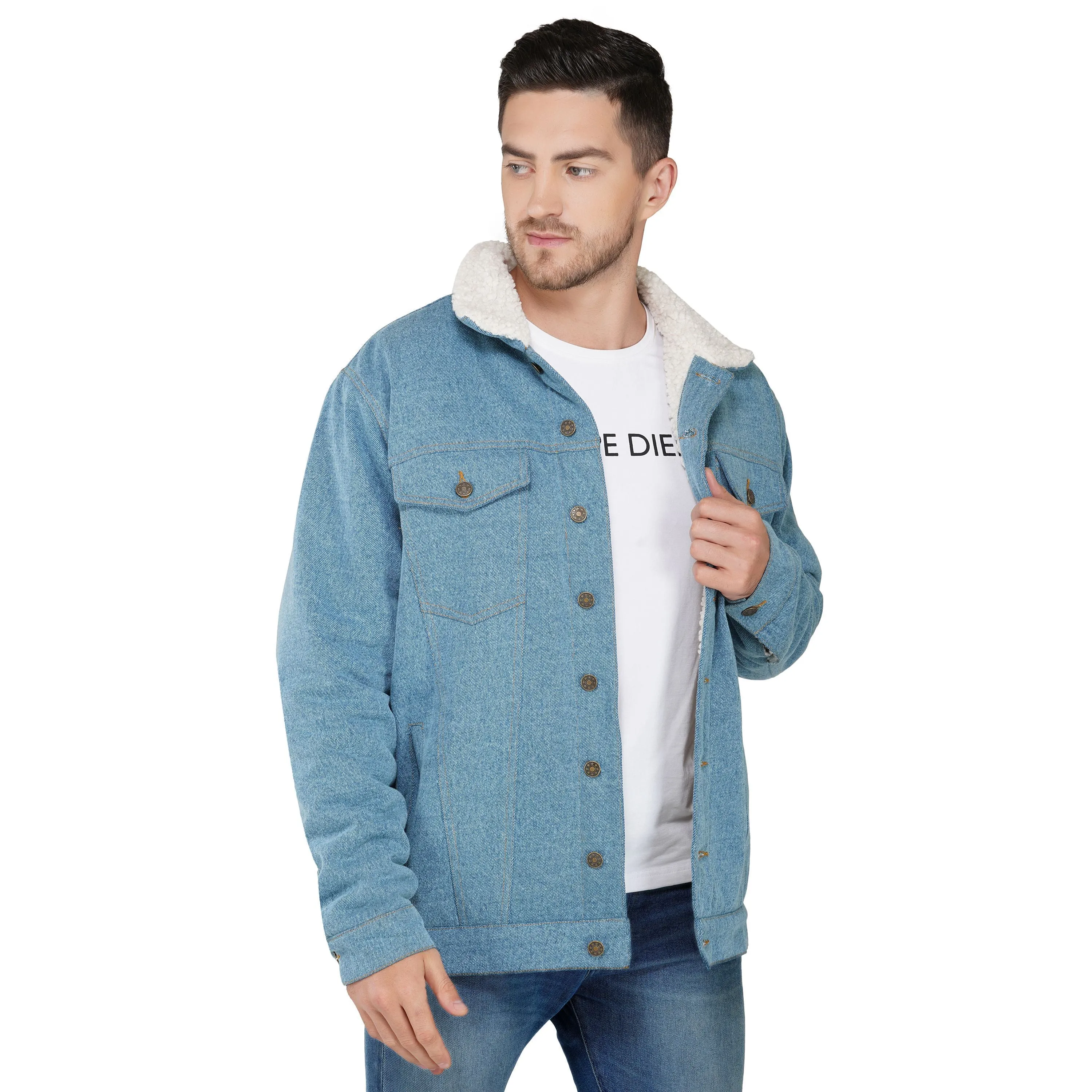 SLAY. Men's Full Sleeves Blue Solid Embroidered Button-Down Washed Light Blue Denim Jacket with Faux-fur Lining