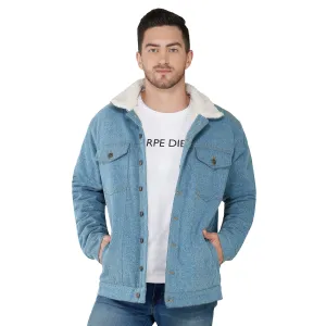 SLAY. Men's Full Sleeves Blue Solid Embroidered Button-Down Washed Light Blue Denim Jacket with Faux-fur Lining