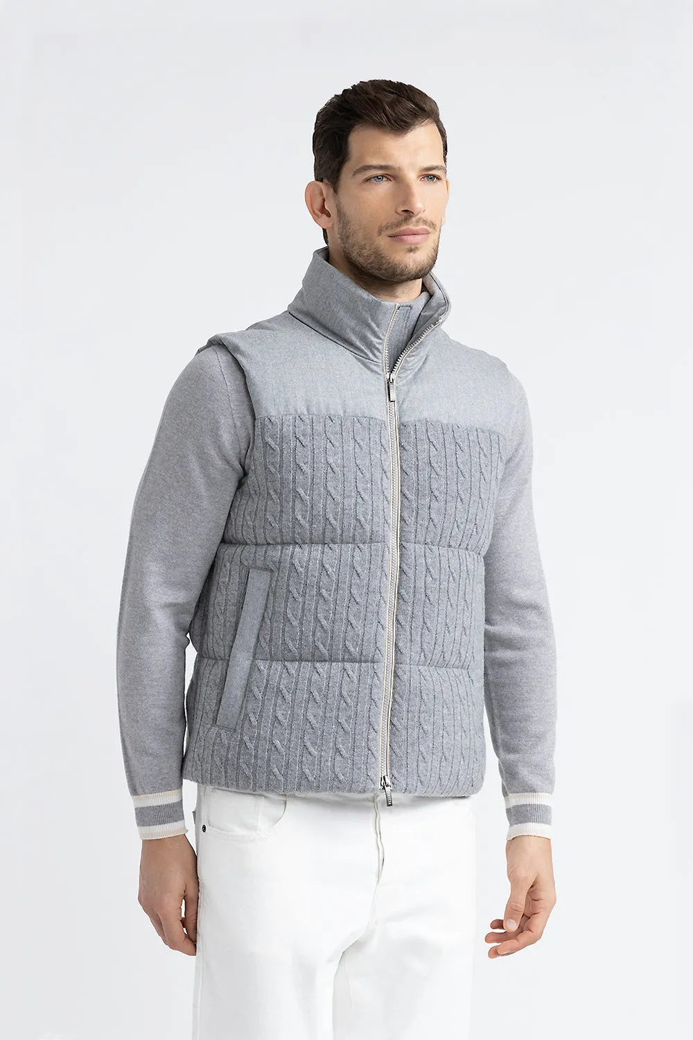 Sleeveless goose down jacket in tricot wool