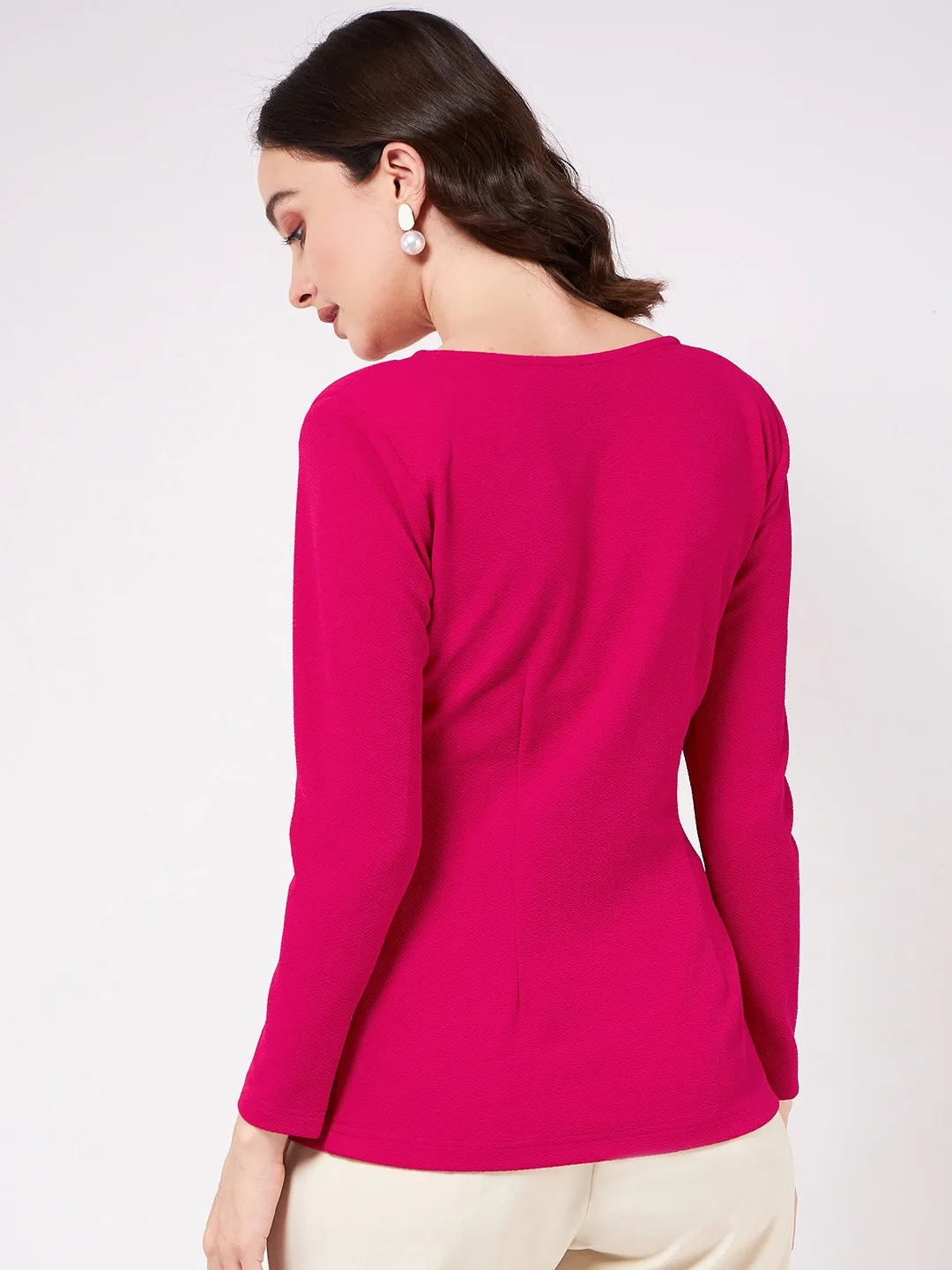 Solid V-Neck Top With Uplifted Shoulder