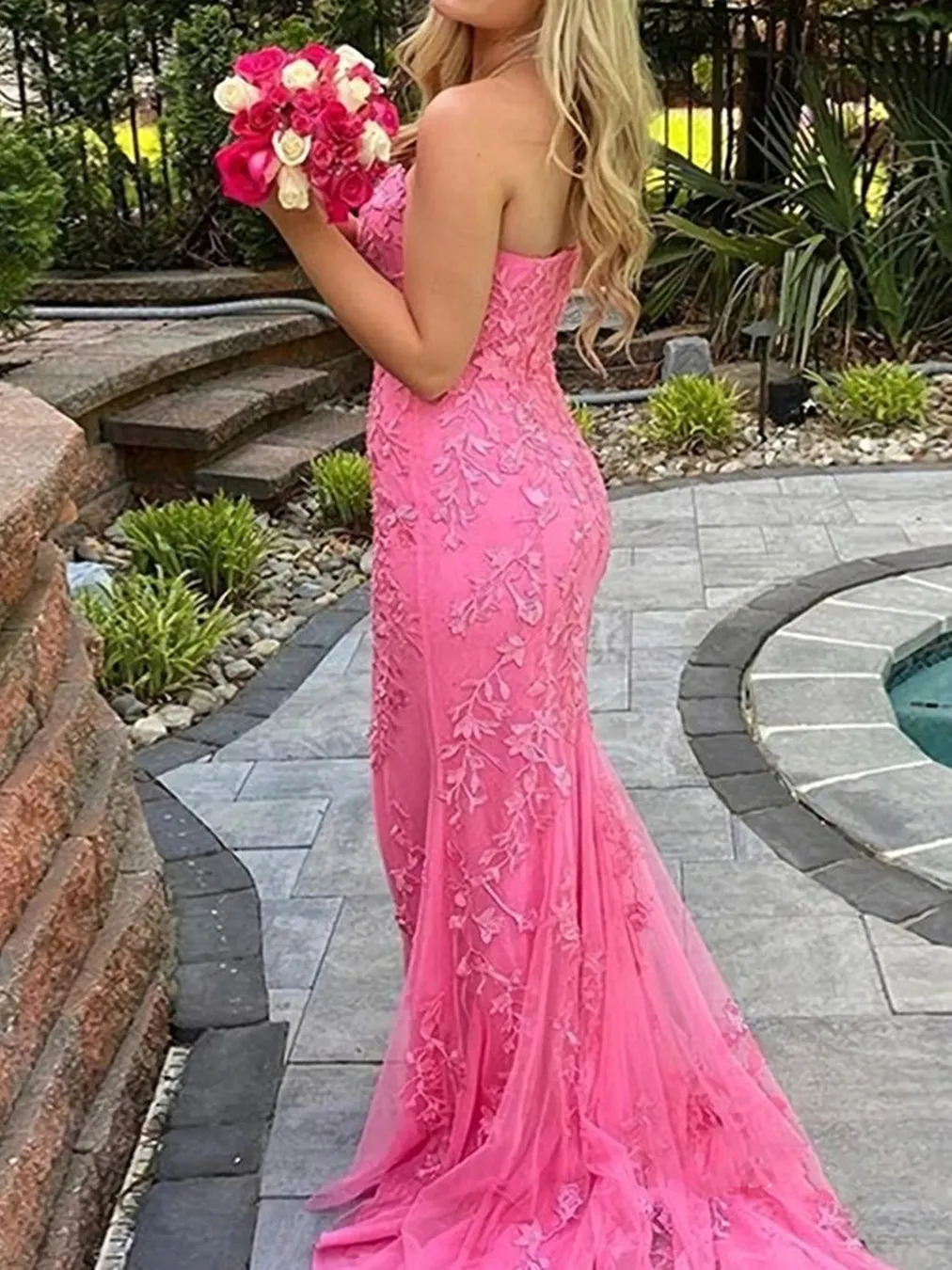 Strapless Mermaid Yellow/Purple/Pink Lace Long Prom, Yellow/Purple/Pink Lace Formal Evening