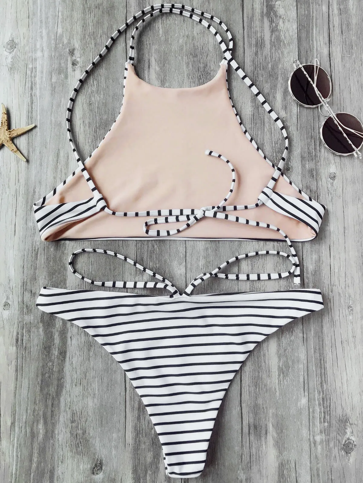 Striped High Neck Bikini Top and Bottoms