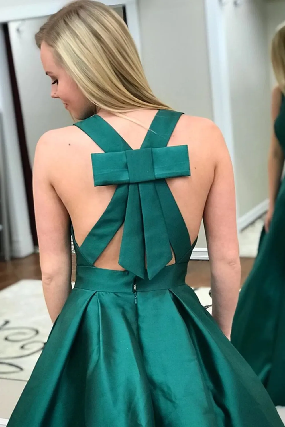 Stylish V Neck Green Satin Long Prom Dress with Pocket, Open Back Green Formal Evening Dress