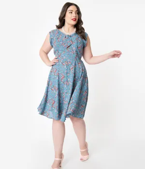 Unique Vintage Plus Size 1940s Chambray Blue & Pink Floral Print Havilland Dress