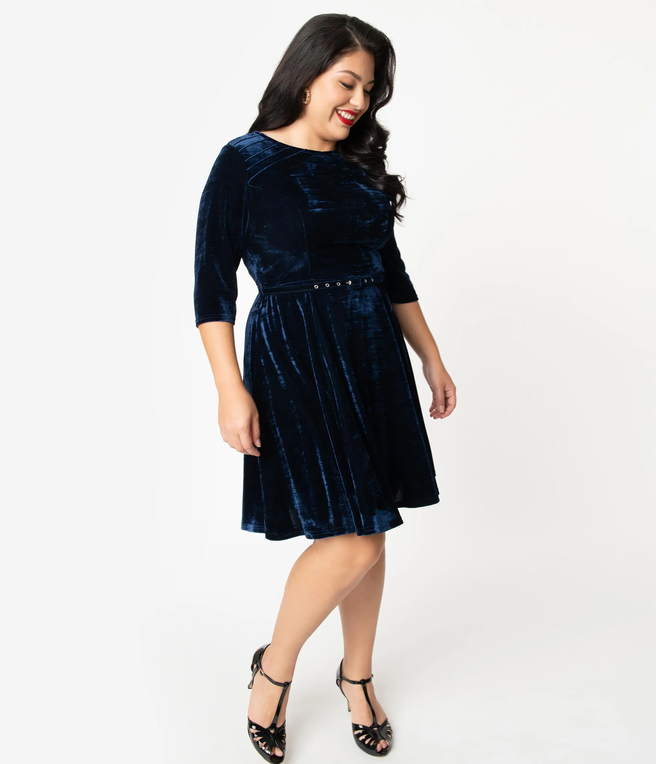 Unique Vintage Plus Size Navy Blue Velvet Stephanie Fit & Flare Dress