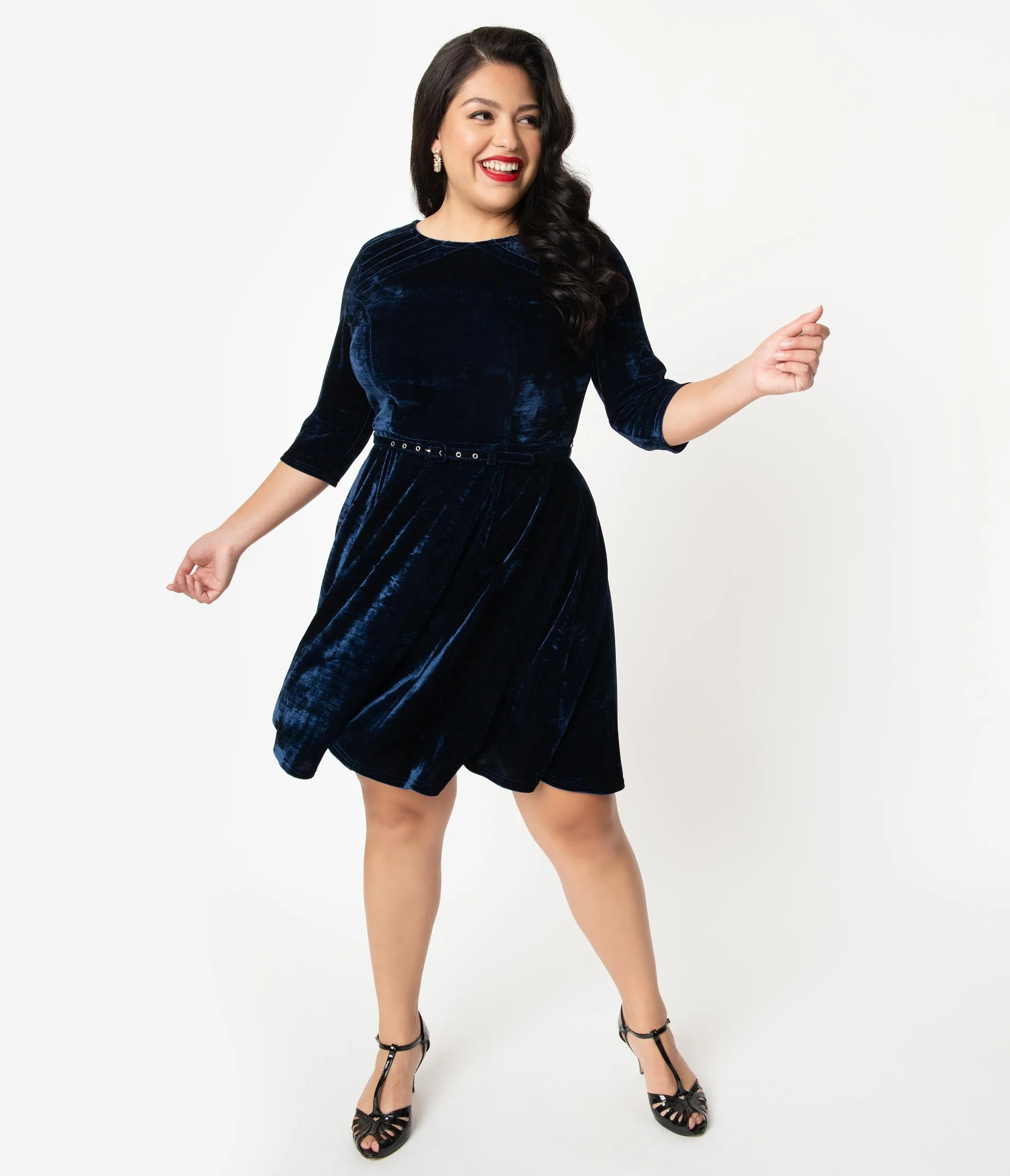 Unique Vintage Plus Size Navy Blue Velvet Stephanie Fit & Flare Dress