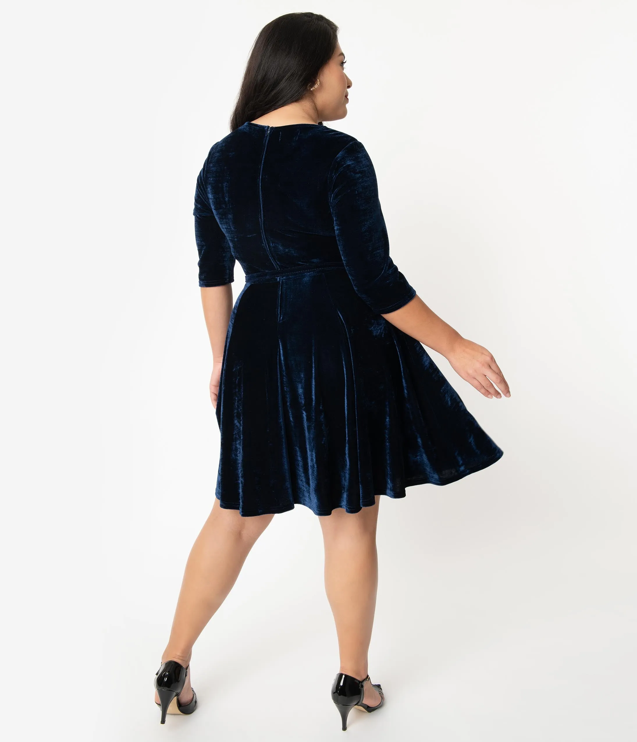 Unique Vintage Plus Size Navy Blue Velvet Stephanie Fit & Flare Dress