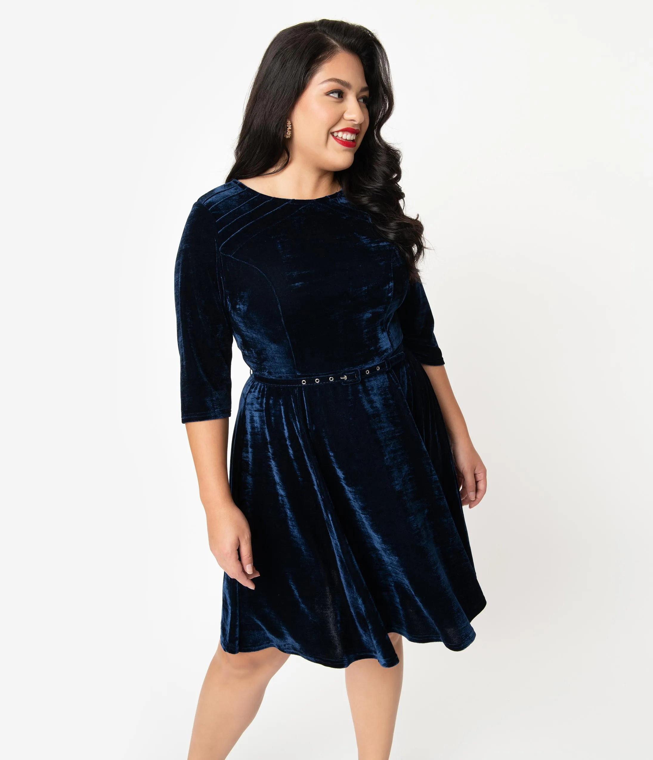 Unique Vintage Plus Size Navy Blue Velvet Stephanie Fit & Flare Dress