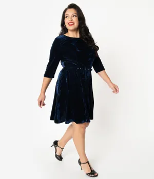 Unique Vintage Plus Size Navy Blue Velvet Stephanie Fit & Flare Dress