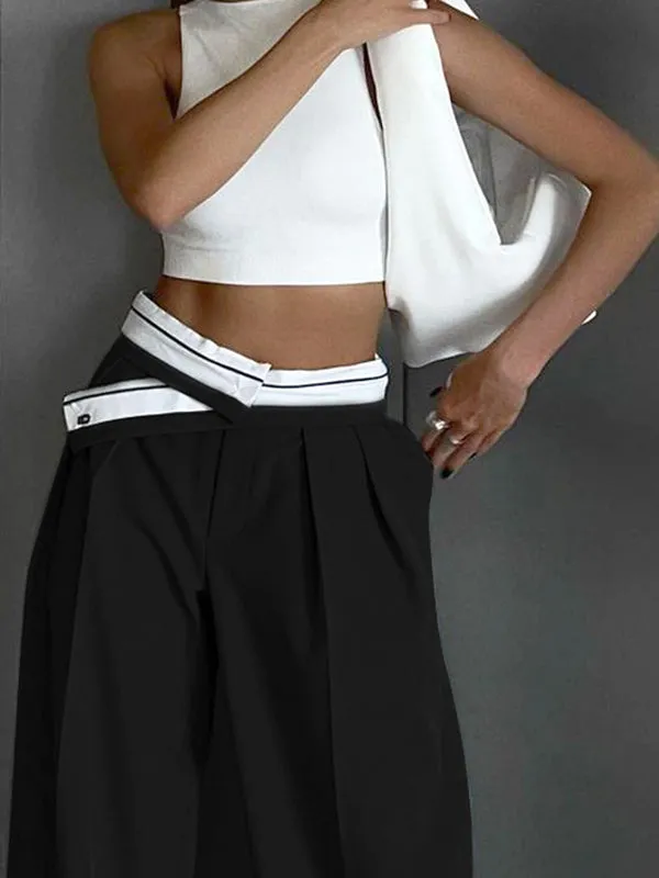 Urban High Waisted Wide Leg Striped Pleated Solid Color Pants