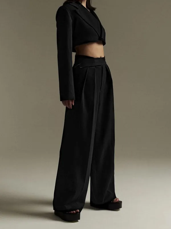 Urban High Waisted Wide Leg Striped Pleated Solid Color Pants