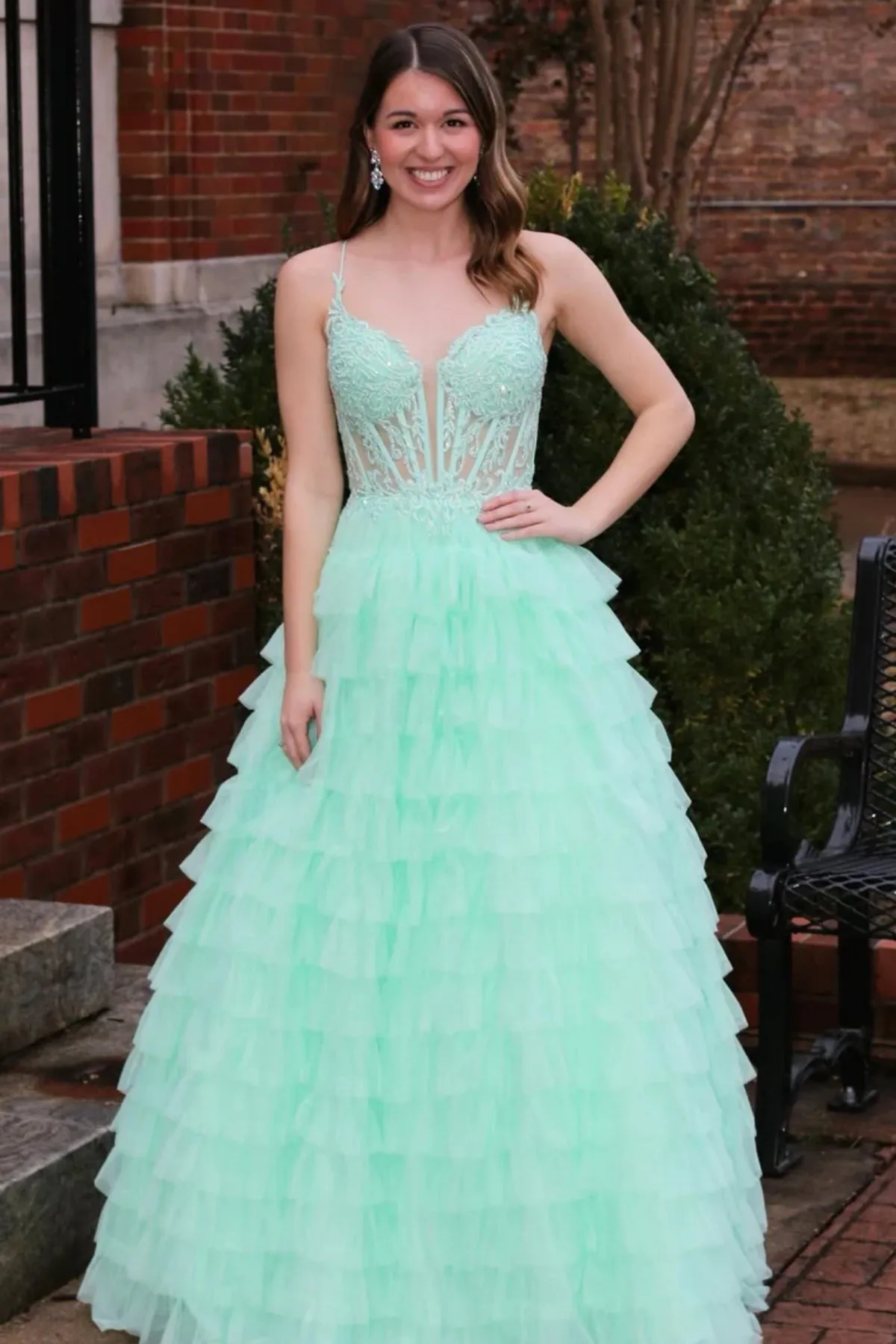 V Neck Open Back Mint Green Lace Ruffle Tiered Long Prom Dress, Mint Green Lace Formal Evening Dresses, Green Ball Gown A2030