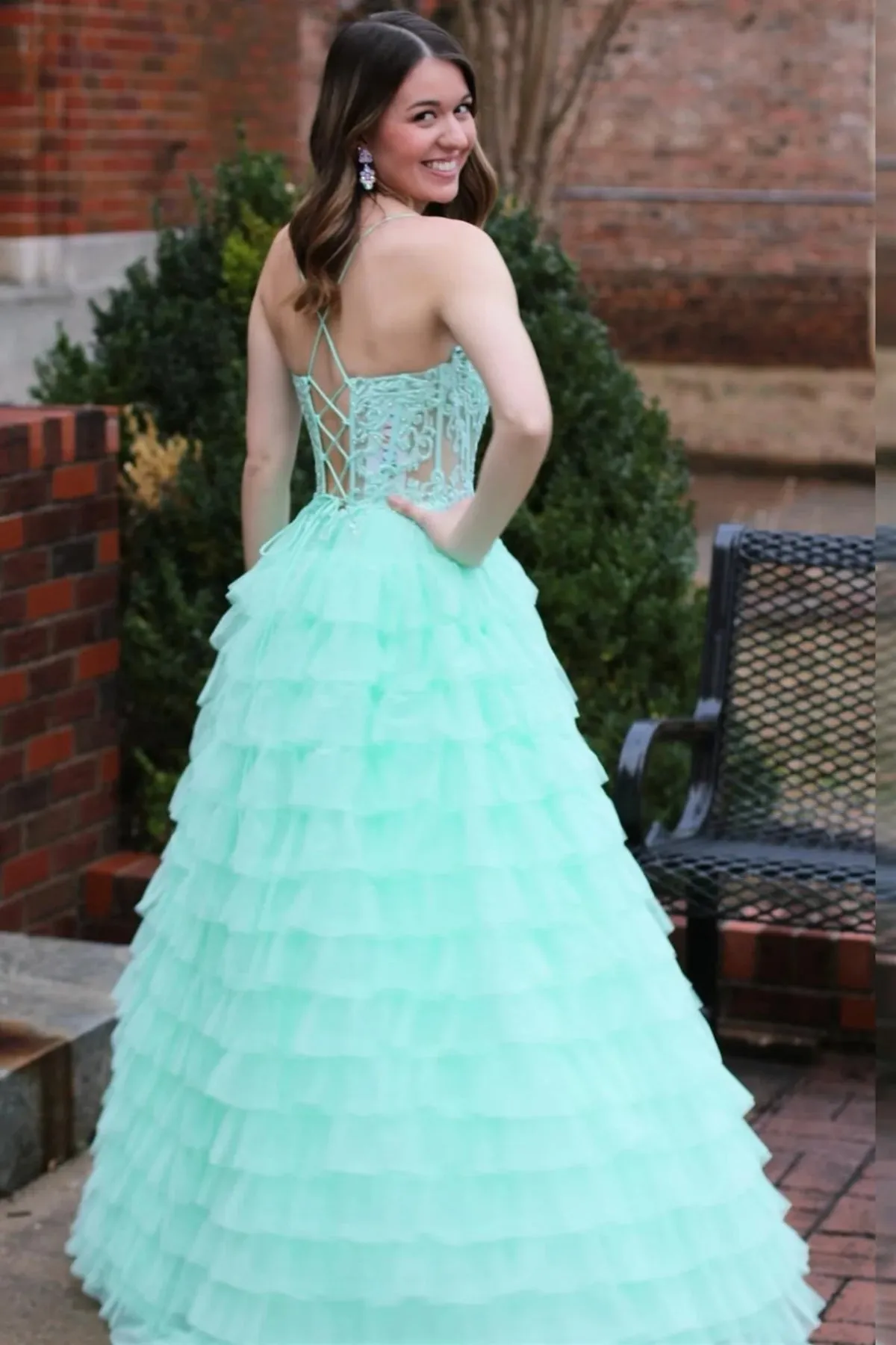 V Neck Open Back Mint Green Lace Ruffle Tiered Long Prom Dress, Mint Green Lace Formal Evening Dresses, Green Ball Gown A2030