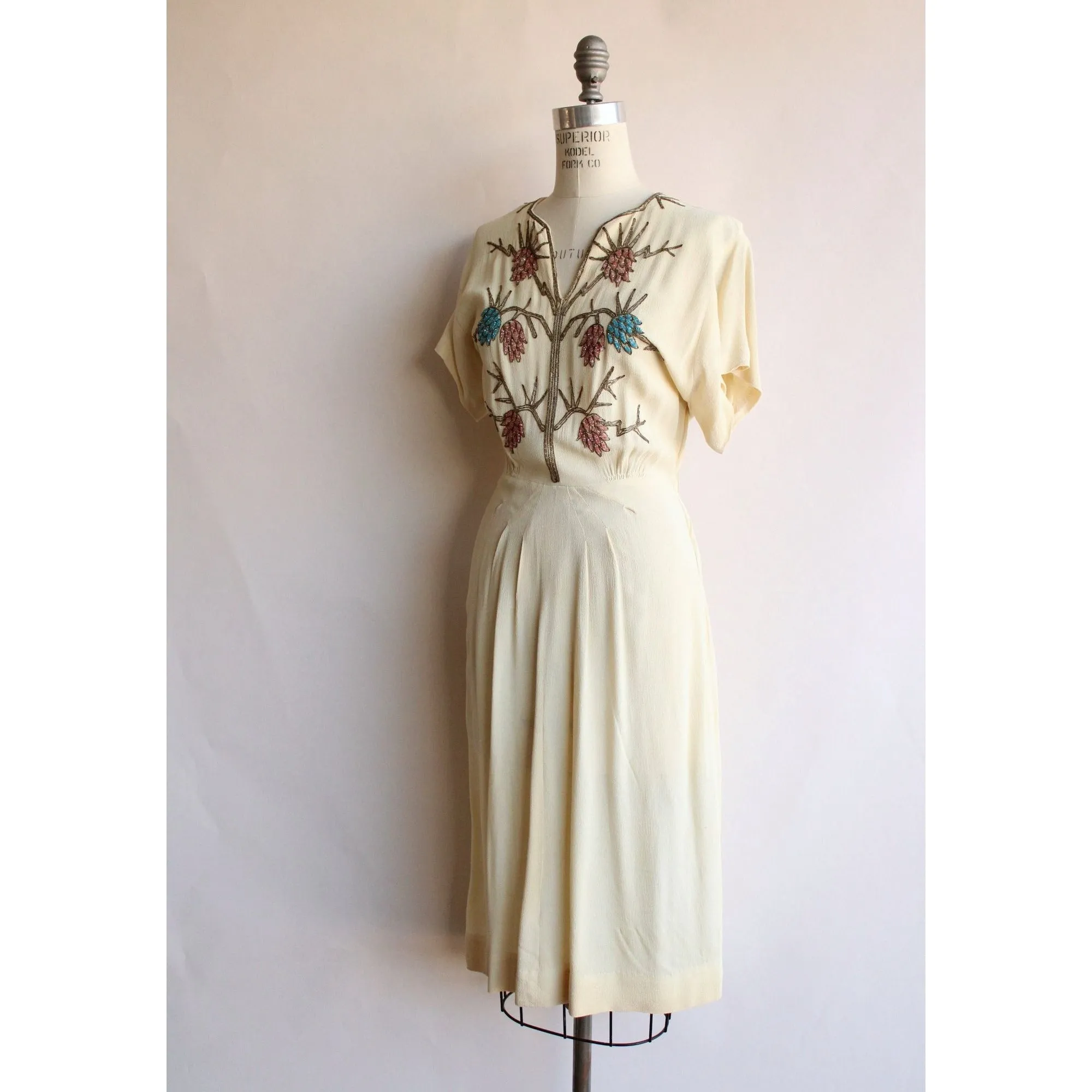 Vintage 1940s Best & Co Rayon Cream Dress with Beaded Bodice