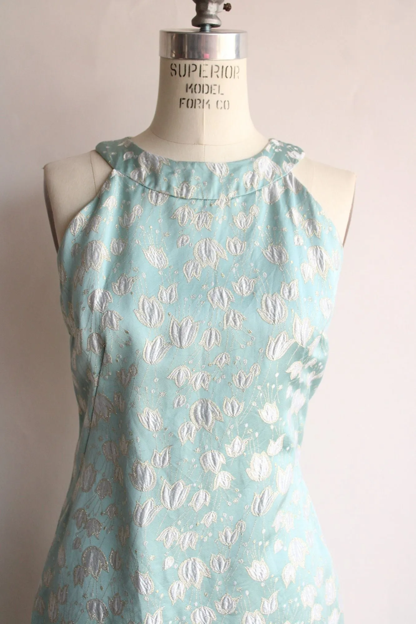 Vintage 1960s Blue Silk Damask Tulip Pattern Dress