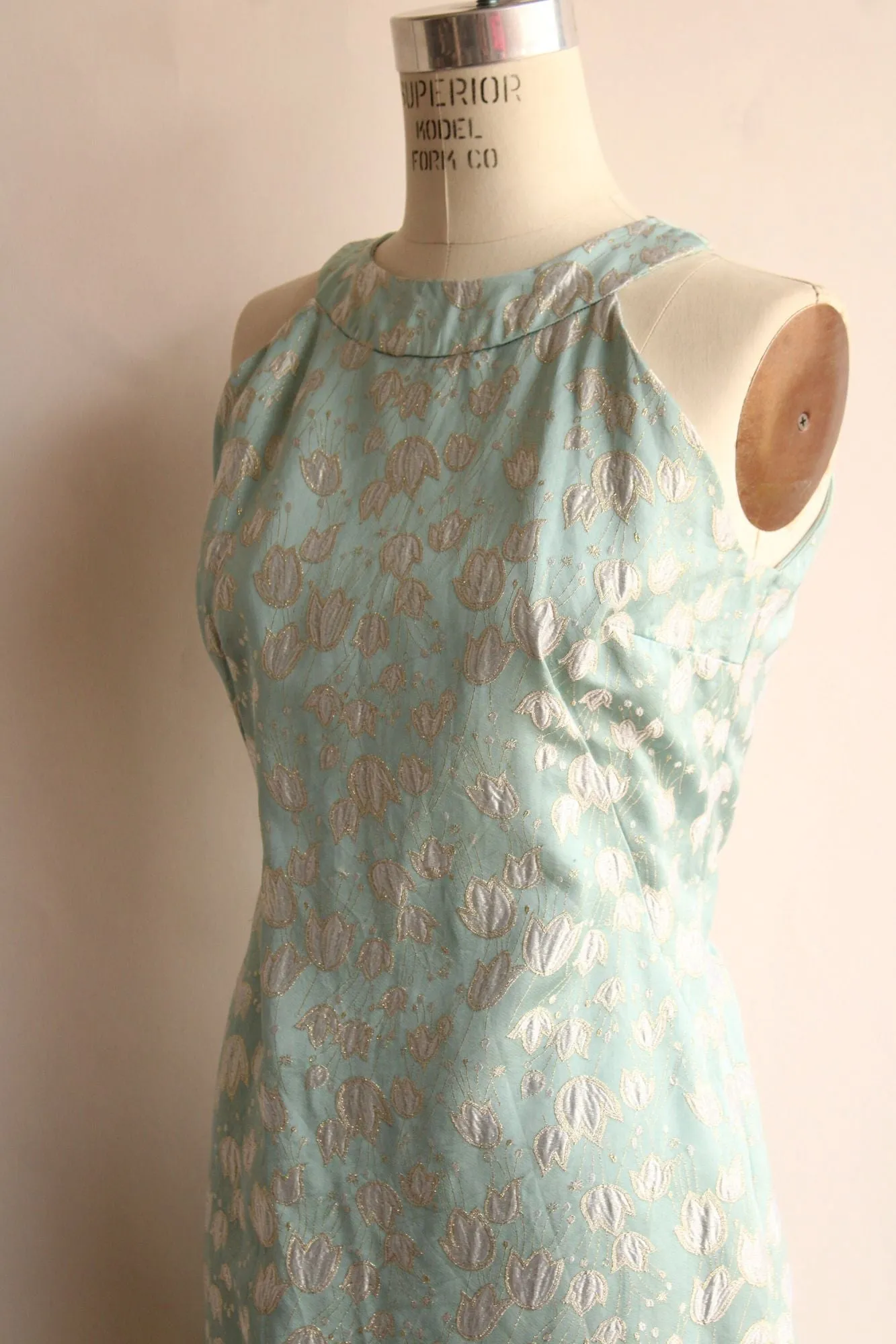 Vintage 1960s Blue Silk Damask Tulip Pattern Dress