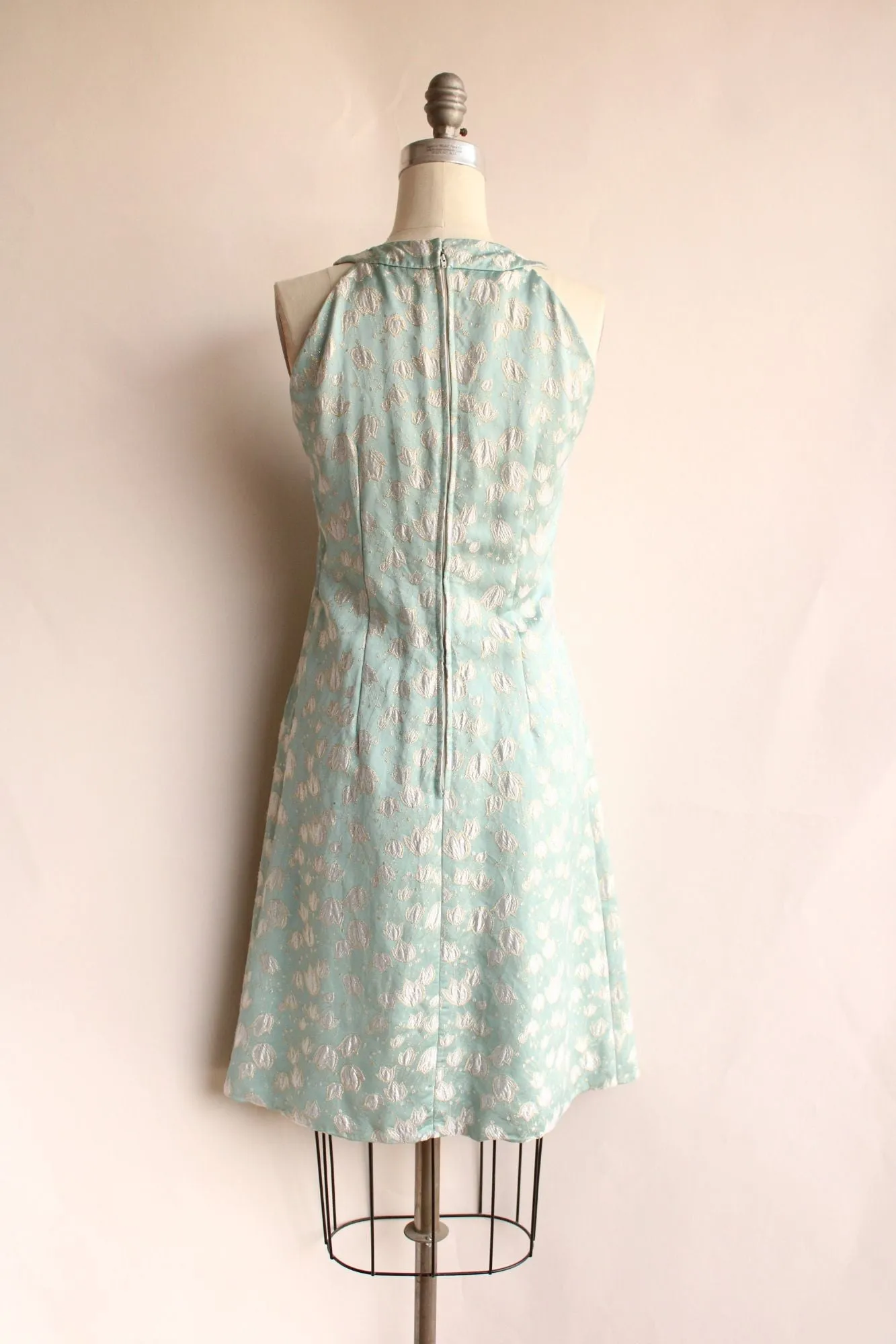 Vintage 1960s Blue Silk Damask Tulip Pattern Dress