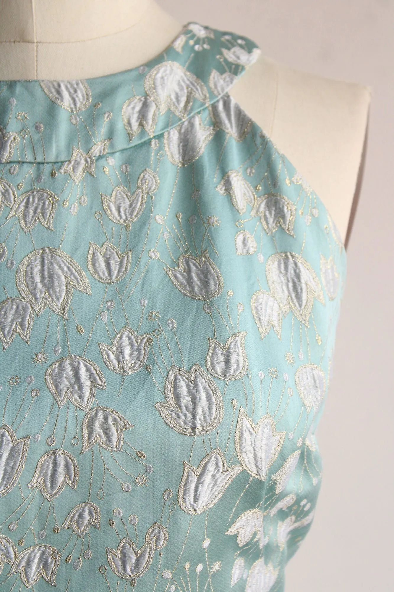 Vintage 1960s Blue Silk Damask Tulip Pattern Dress