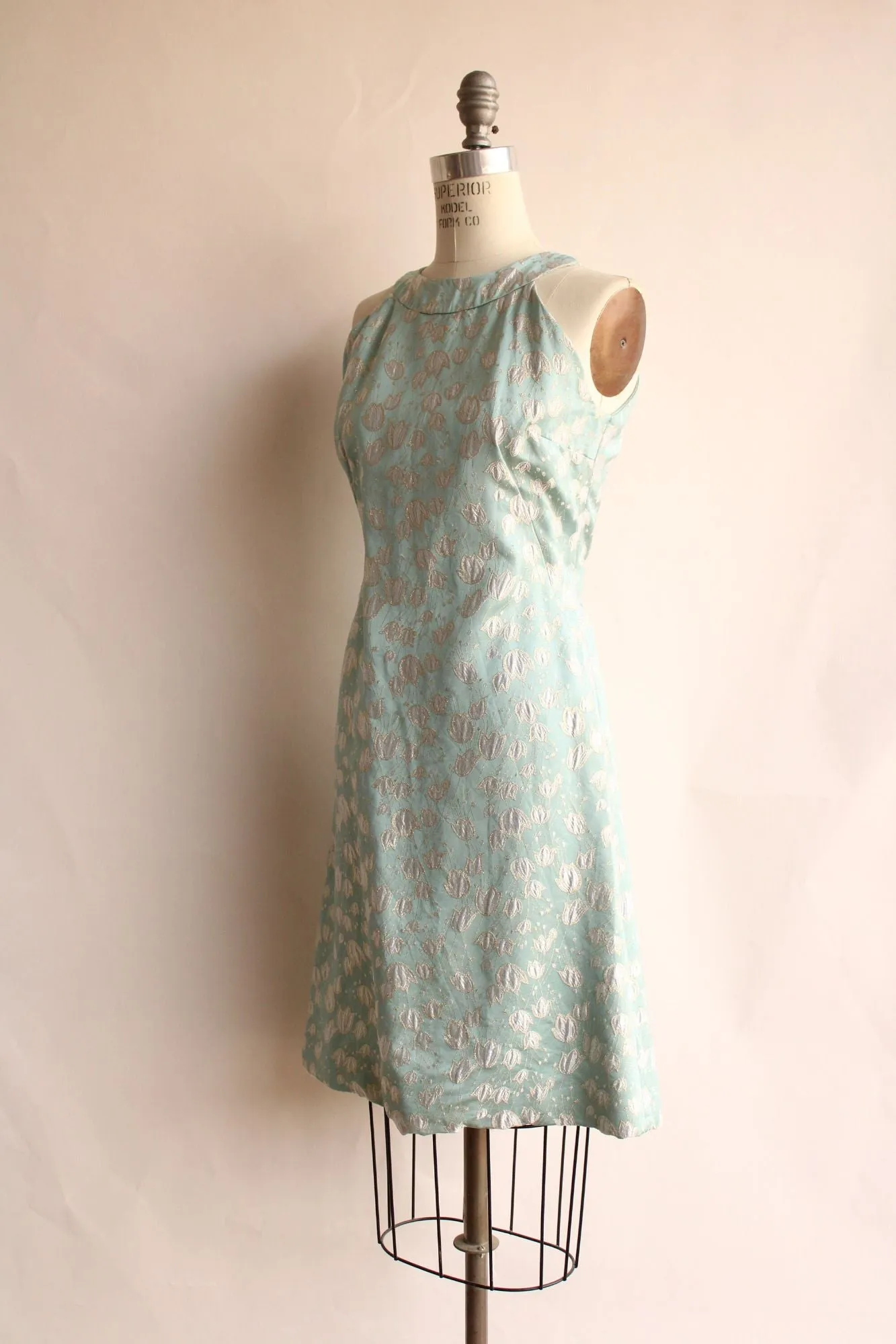 Vintage 1960s Blue Silk Damask Tulip Pattern Dress