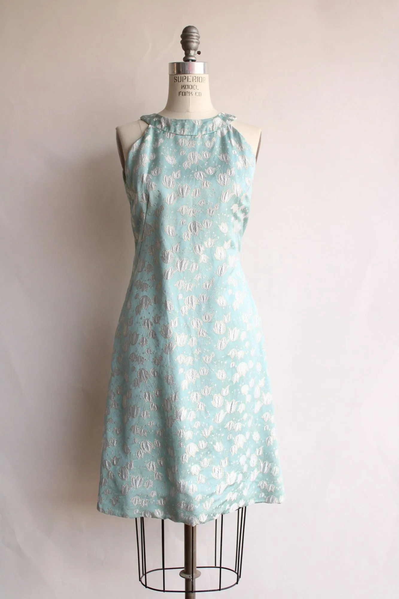 Vintage 1960s Blue Silk Damask Tulip Pattern Dress