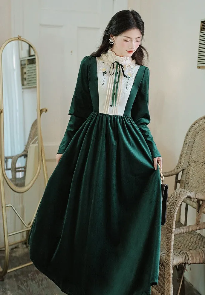 Vintage Academia Velvet Green Dress