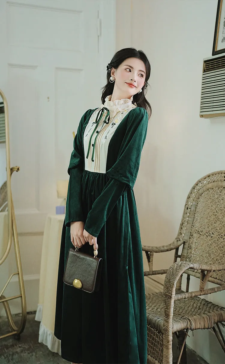 Vintage Academia Velvet Green Dress