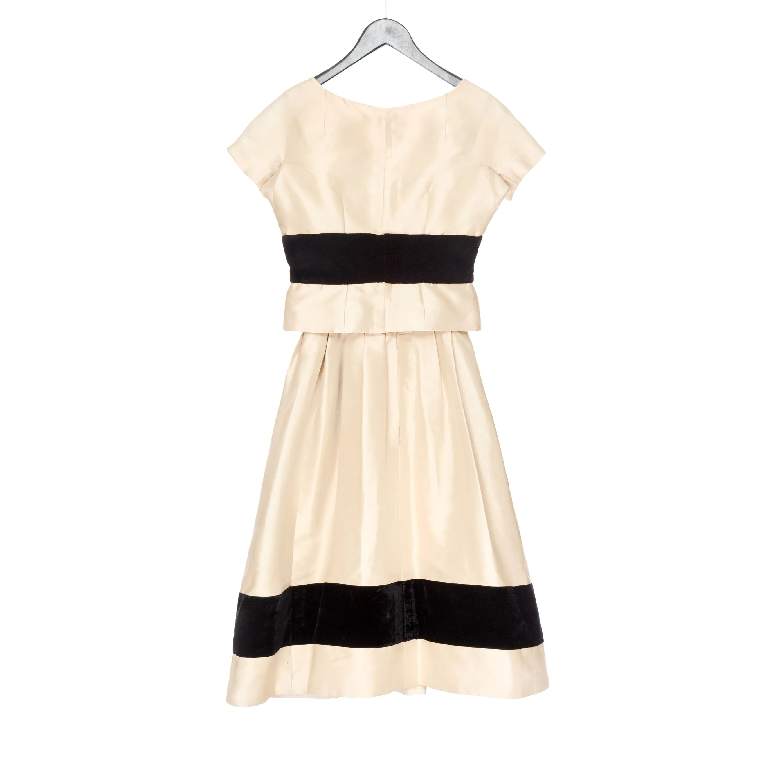 Vintage Cream and Black Satin and Velvet Bow Adorned Dress