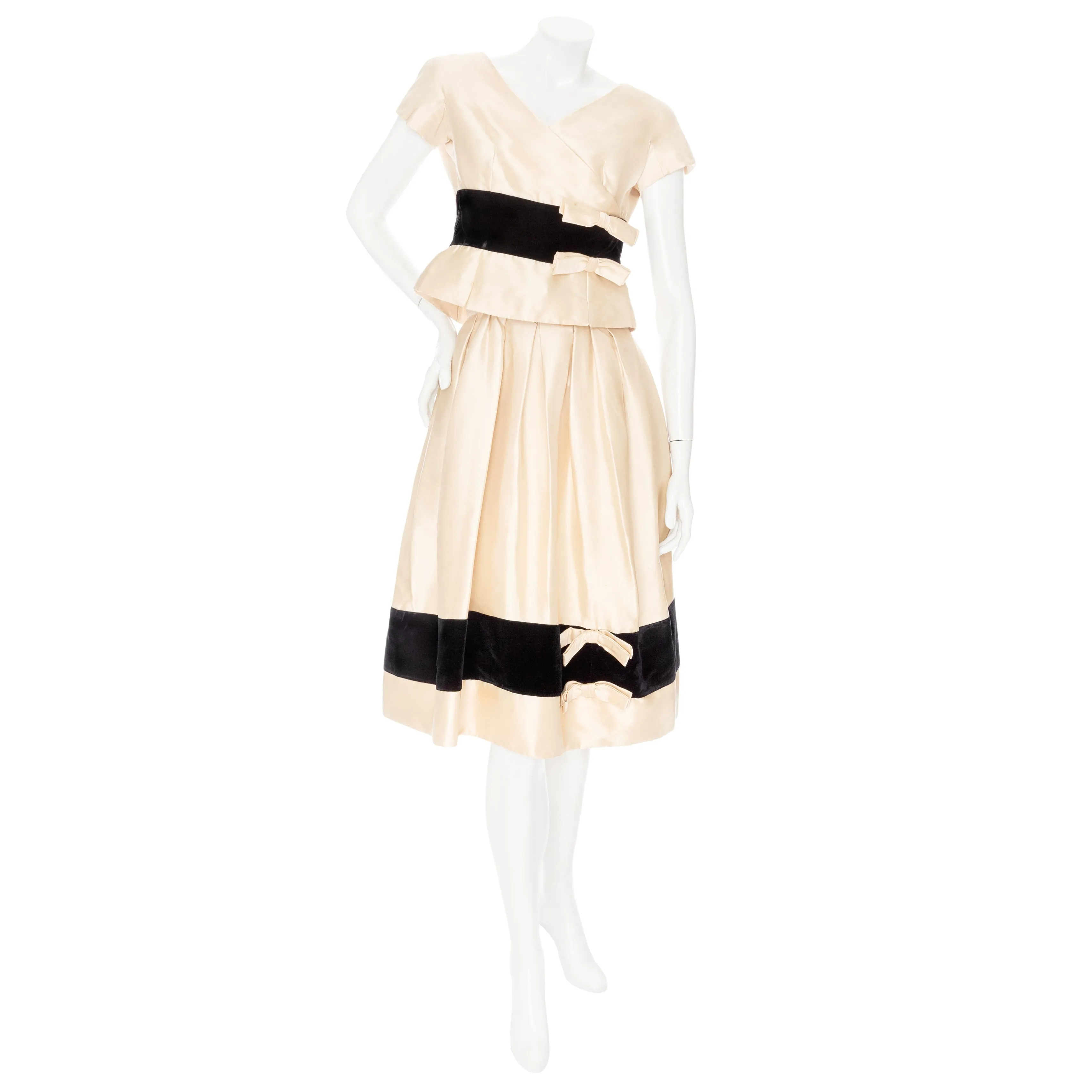 Vintage Cream and Black Satin and Velvet Bow Adorned Dress