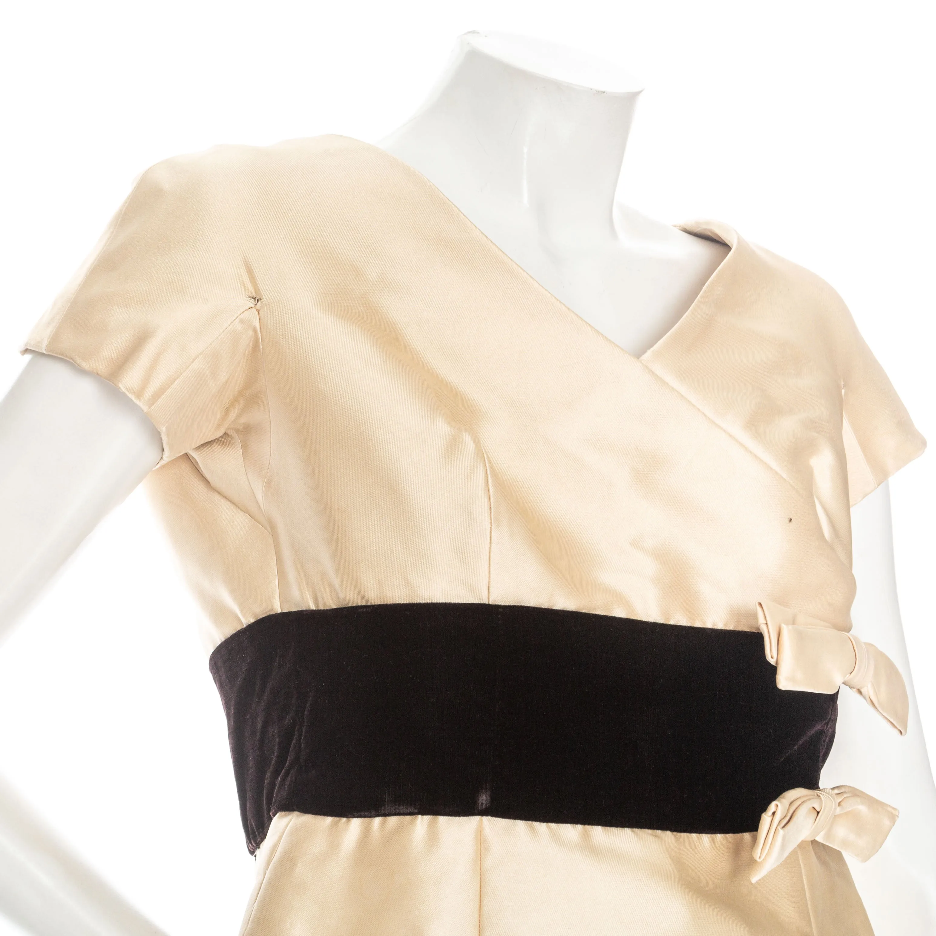 Vintage Cream and Black Satin and Velvet Bow Adorned Dress