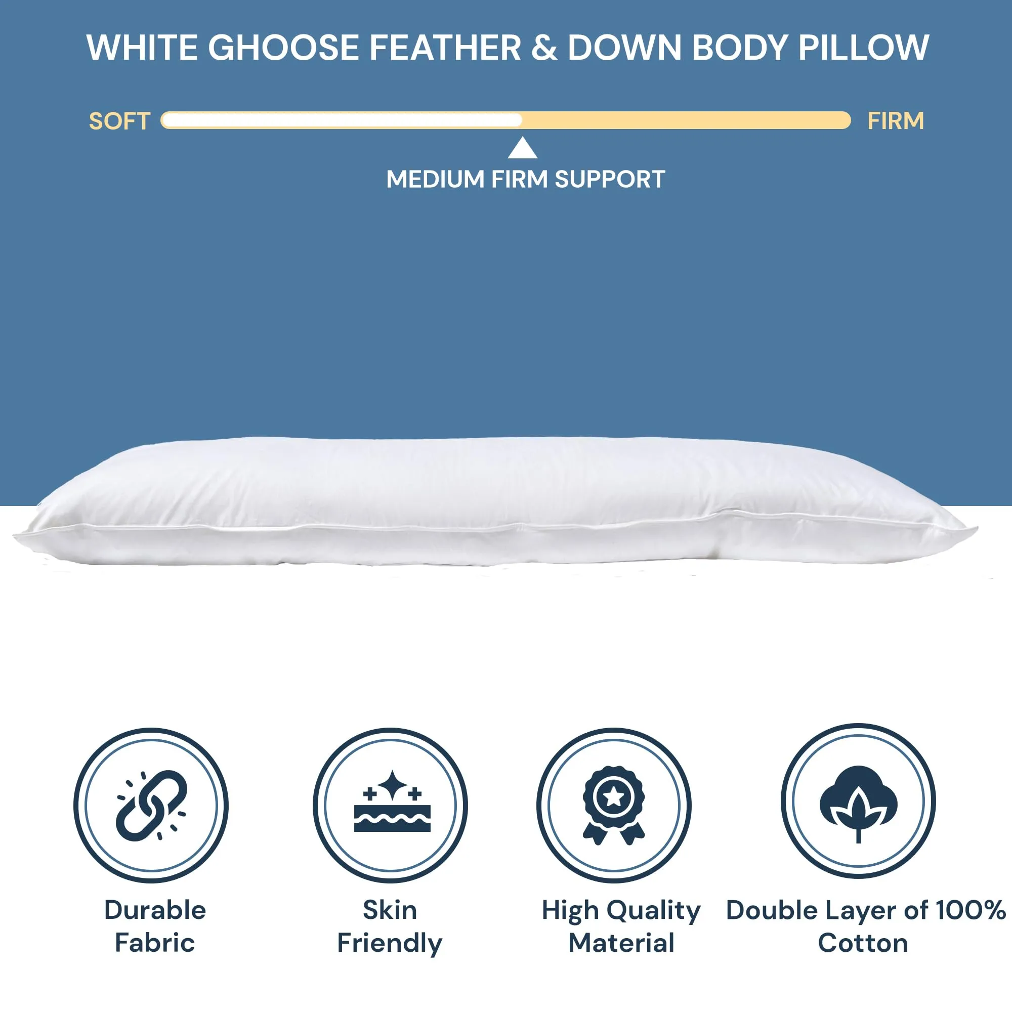 White Goose Feather and Down Body Pillow Size 20 Inches x 54 Inches