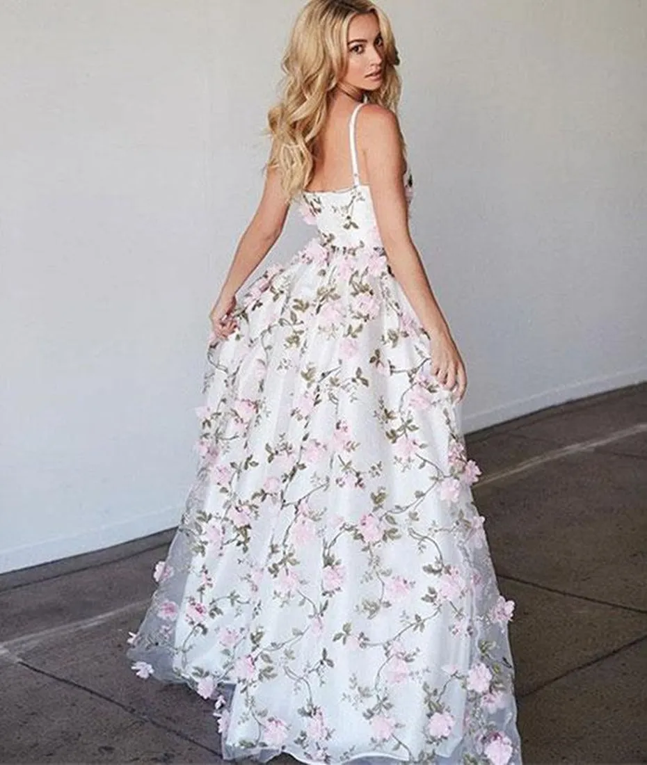 White V Neck 3D Flower Applique Long Prom Dress, V Neck White Formal Dress, White Graduation Dress