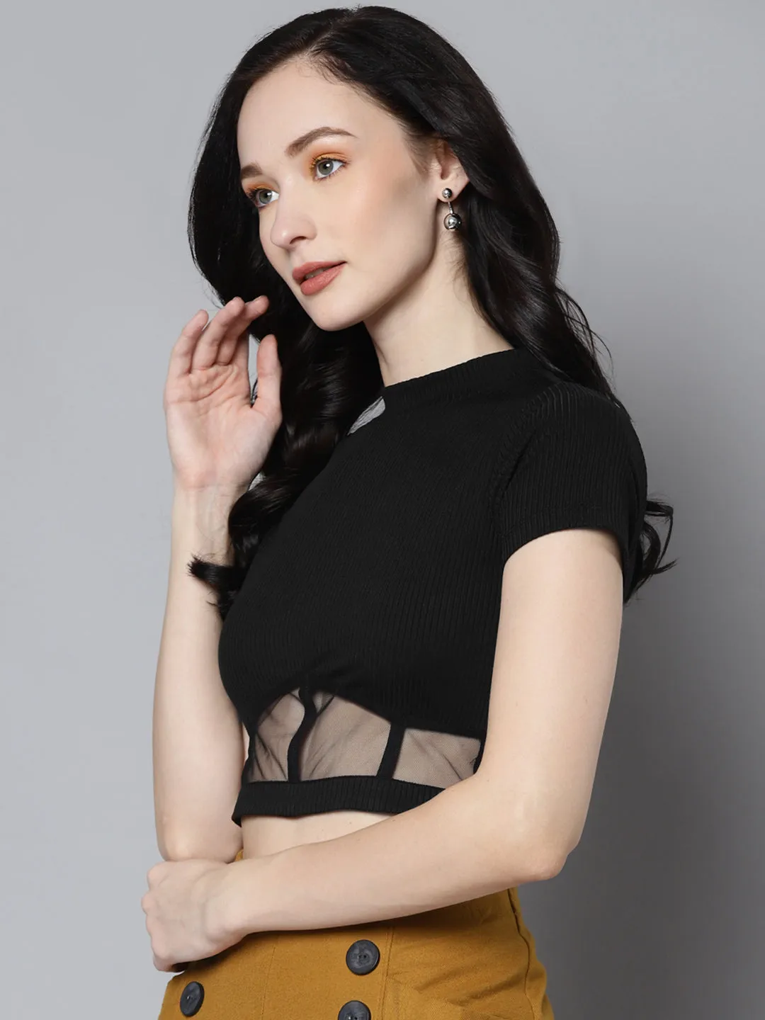 Women Charcoal Rib High Neck Crop Top