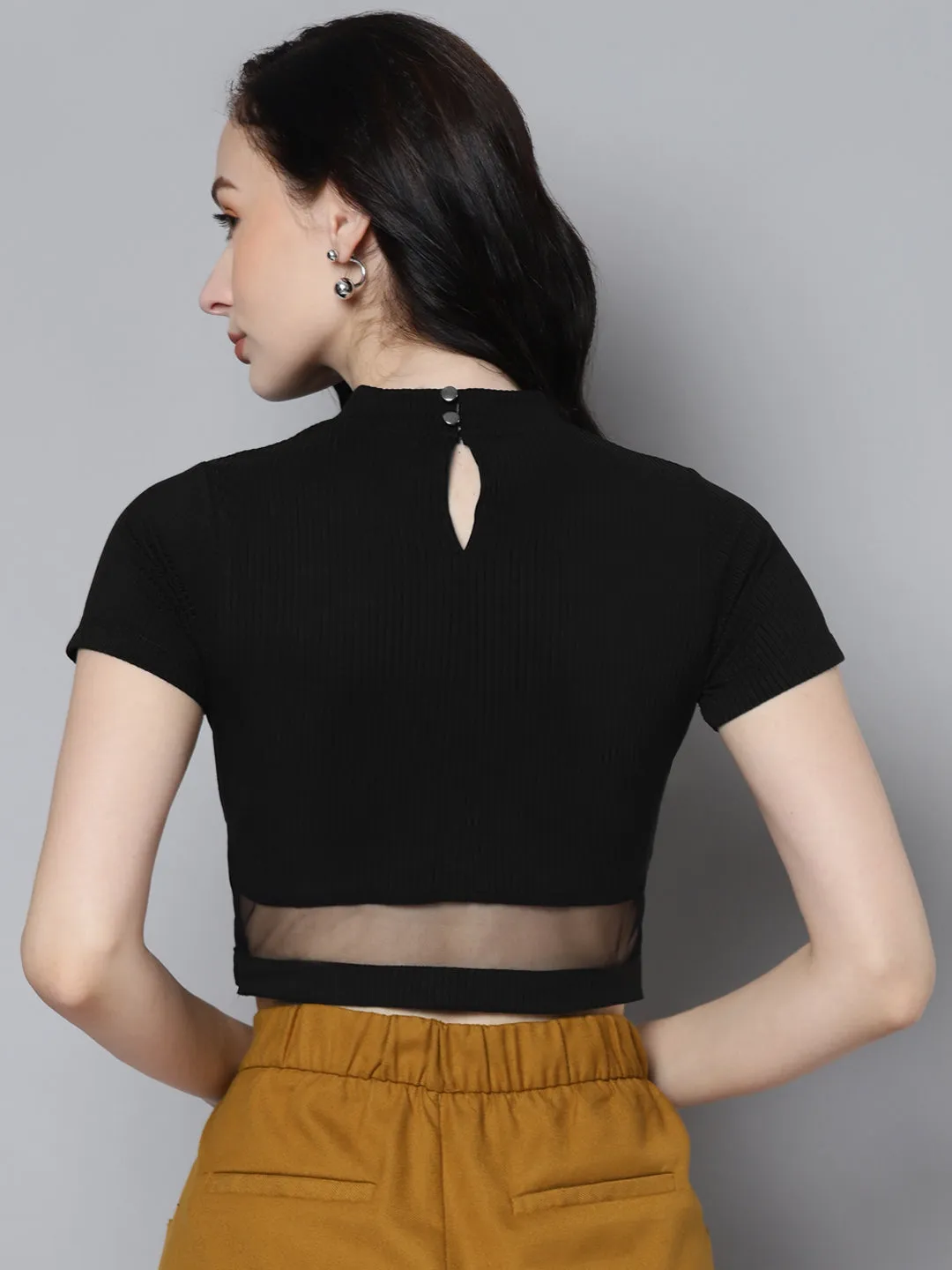 Women Charcoal Rib High Neck Crop Top