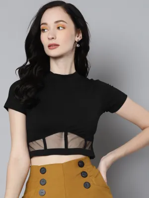 Women Charcoal Rib High Neck Crop Top