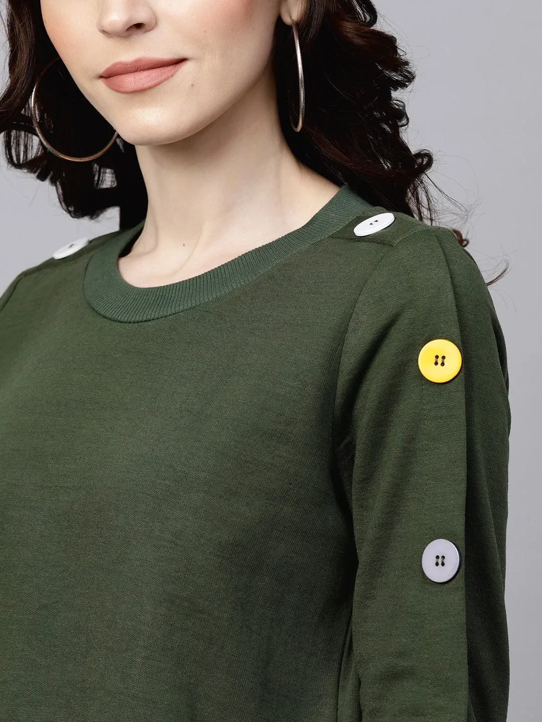 Women Olive Sweatshirt With Colored Buttons