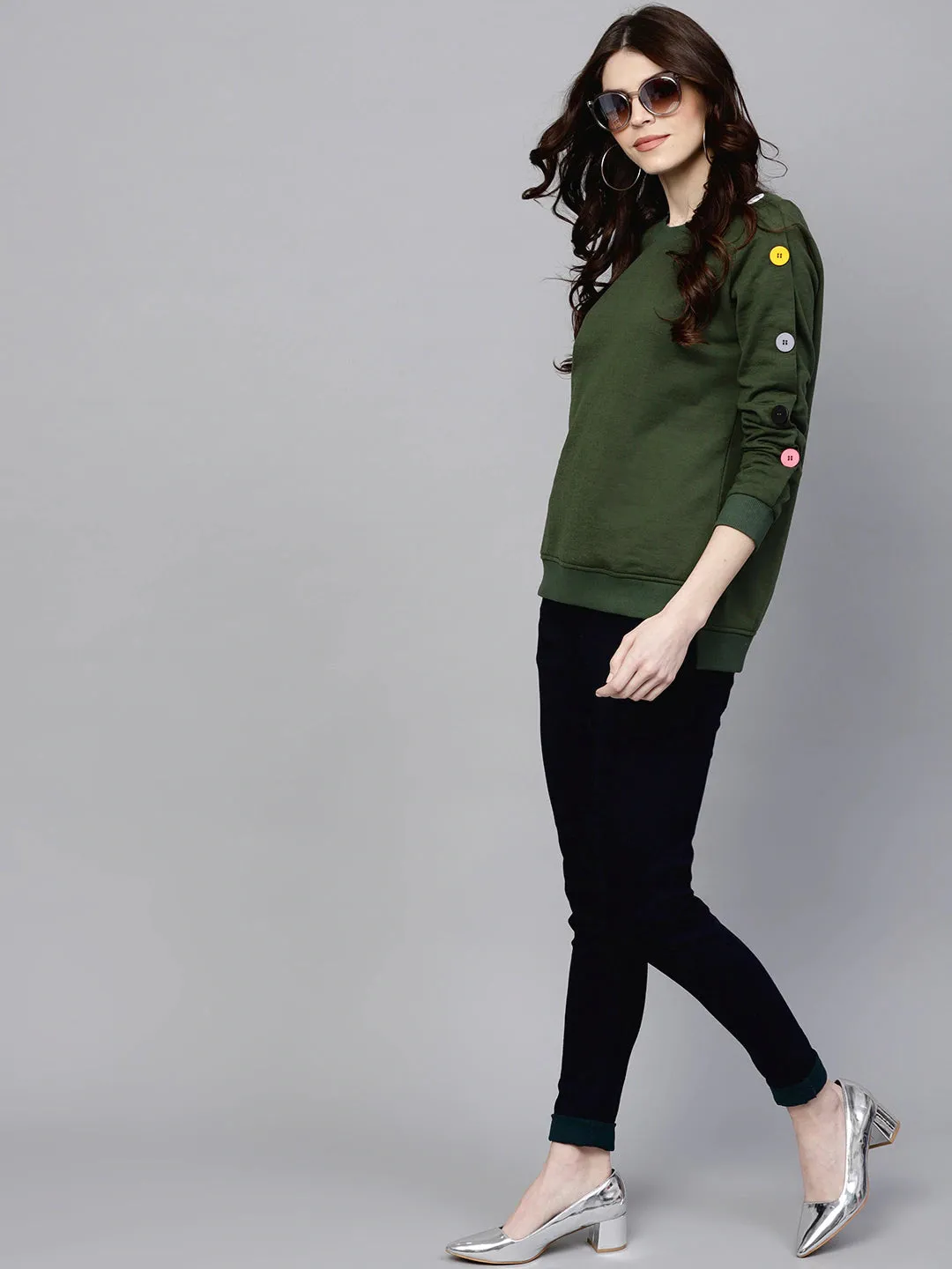 Women Olive Sweatshirt With Colored Buttons