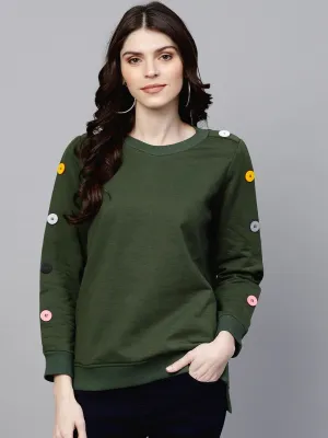 Women Olive Sweatshirt With Colored Buttons