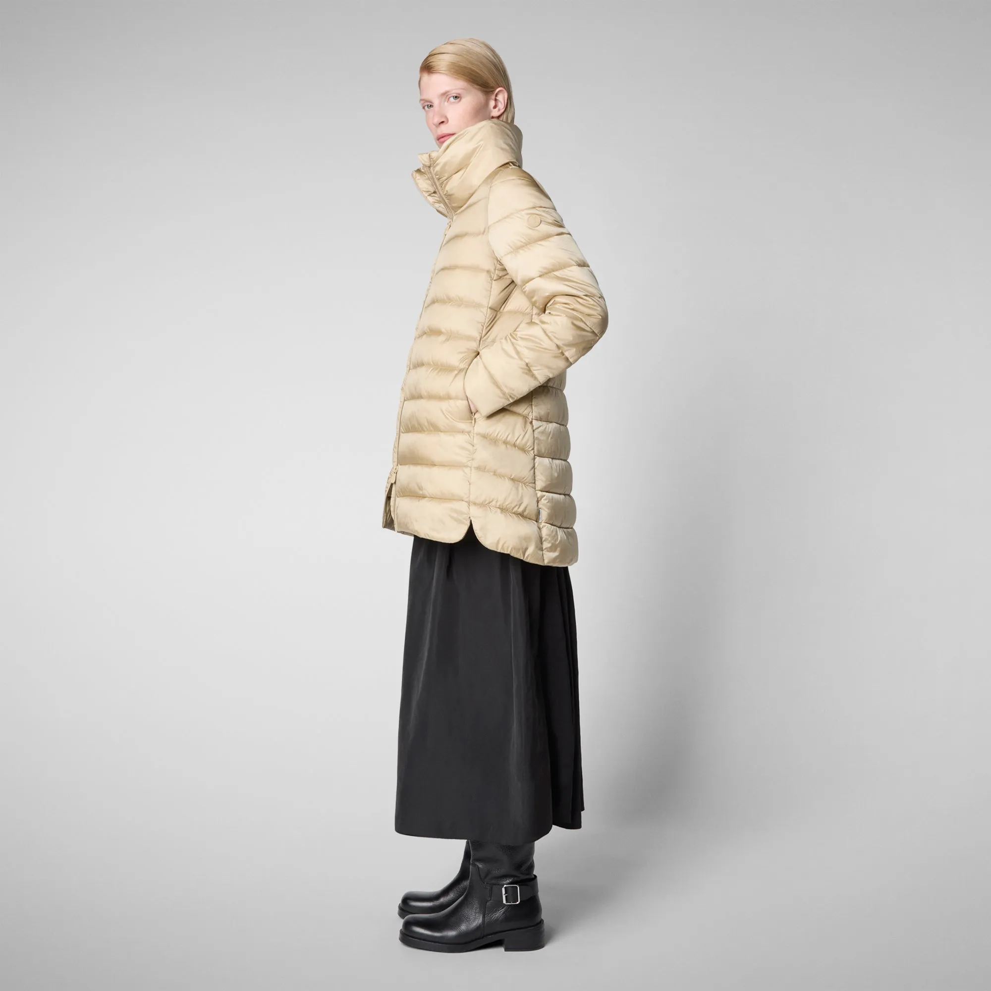 Women's Hooded Animal free Puffer Coat Lydia in Wood Beige