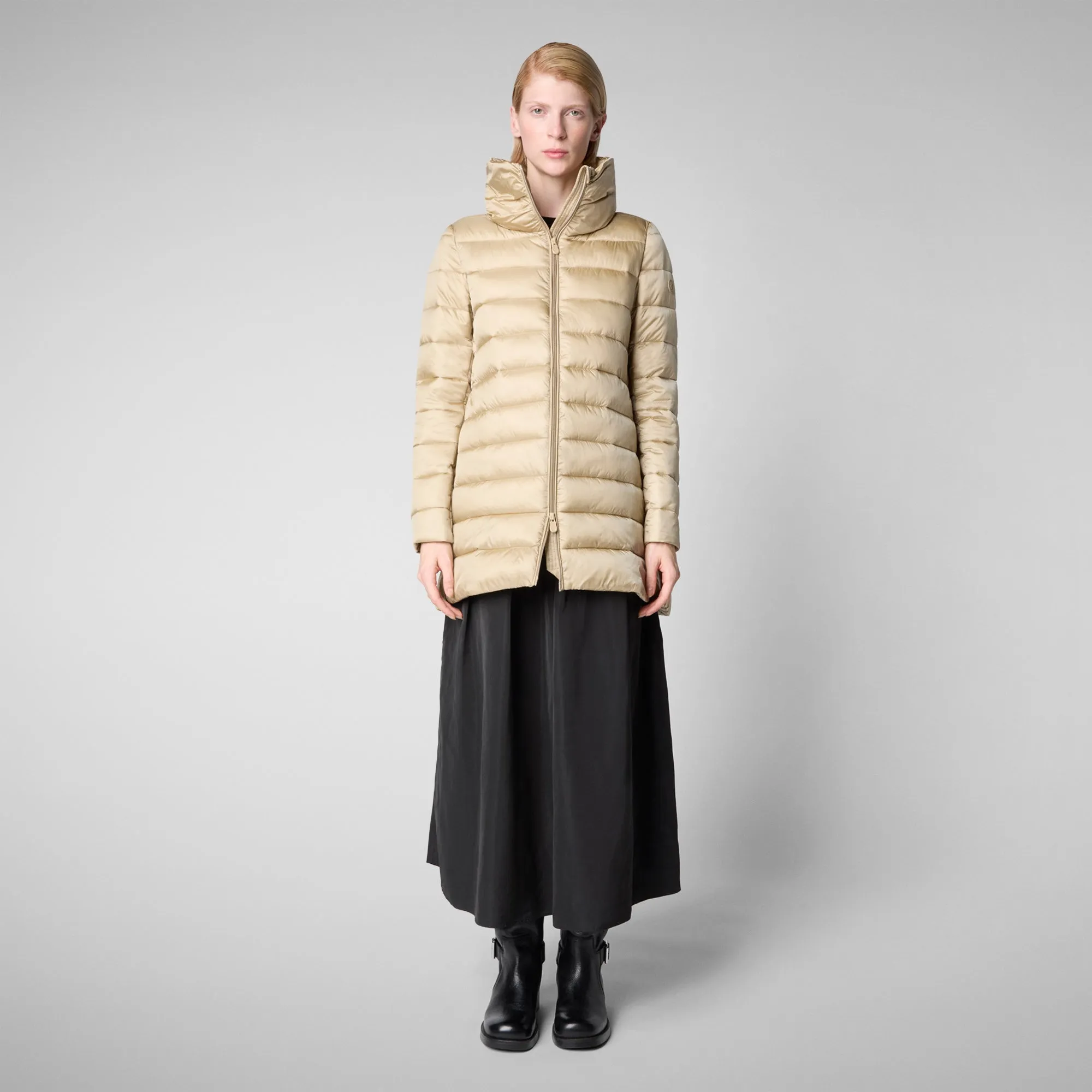 Women's Hooded Animal free Puffer Coat Lydia in Wood Beige