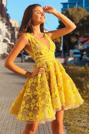 Yellow A Line V Neck Lace Homecoming Dresses Short Prom Dresses, Yellow Lace Graduation Dresses, Lace Formal Dresses, Yellow Evening Dresses